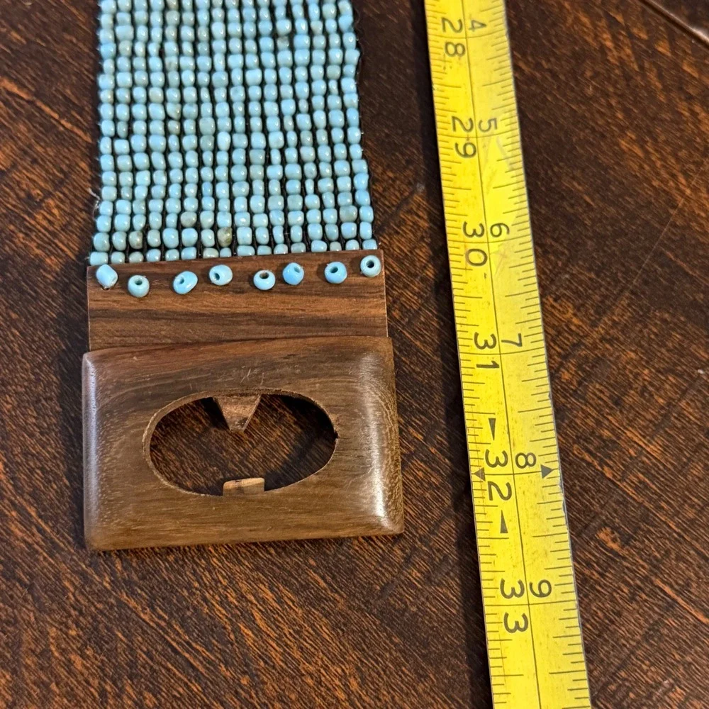 Vintage Beaded Boho Wood Buckle Waist Belt Light Blue Festival Coastal Aesthetic